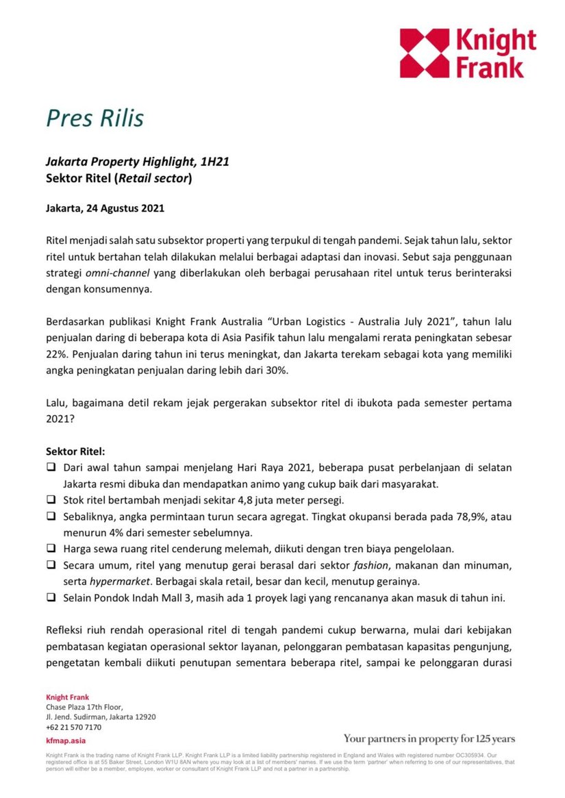 Rilis Pers - Jakarta Property Highlight 1H 2021 Sektor Retail | KF Map Indonesia Property, Infrastructure
